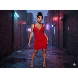 Vintage Y2K Women Ruched Bodycon Mini Dress 7 Red Clubwear Mesh Bratz Glamoratti